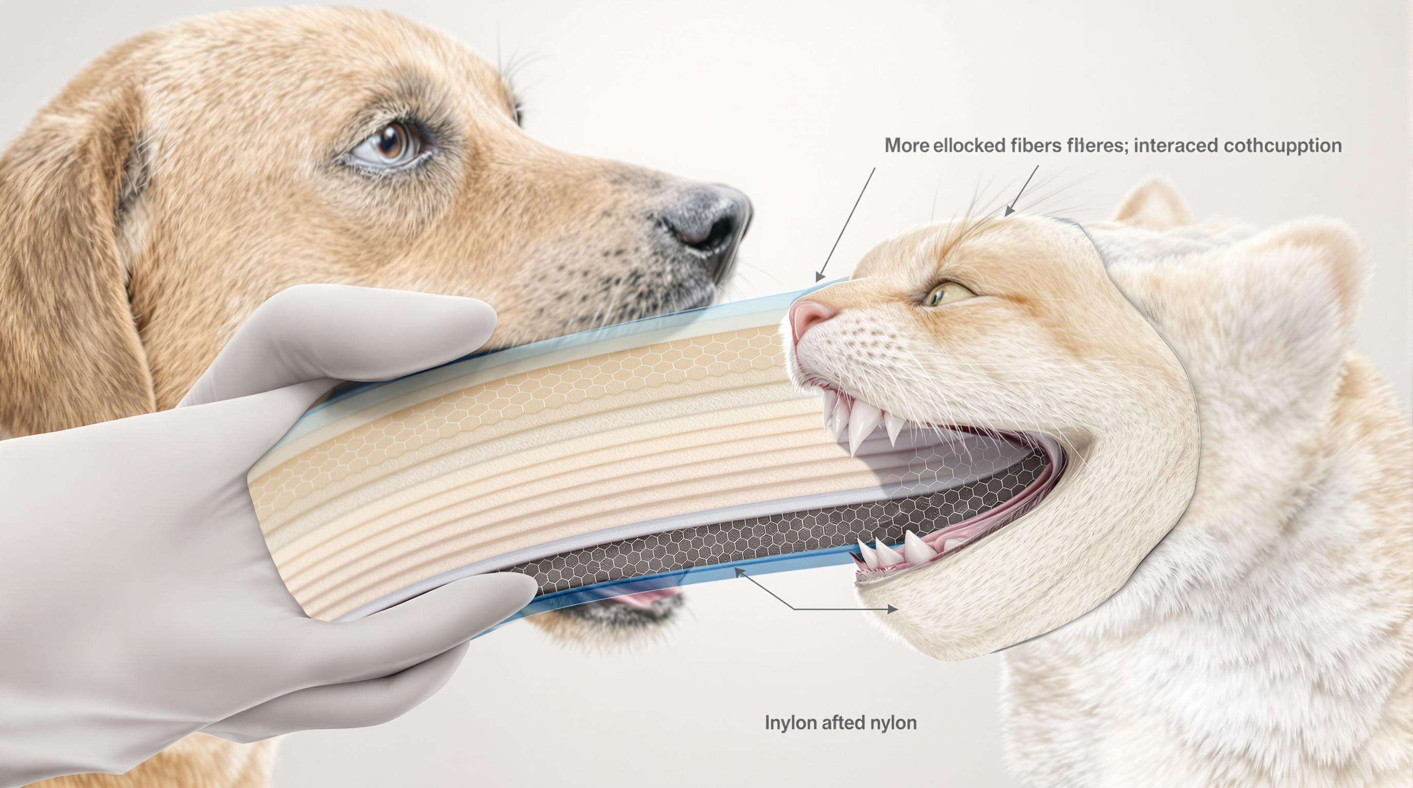 Photorealistic cross-section of a veterinary glove revealing layered fibers and hexagonal cells resisting dog and cat bites.