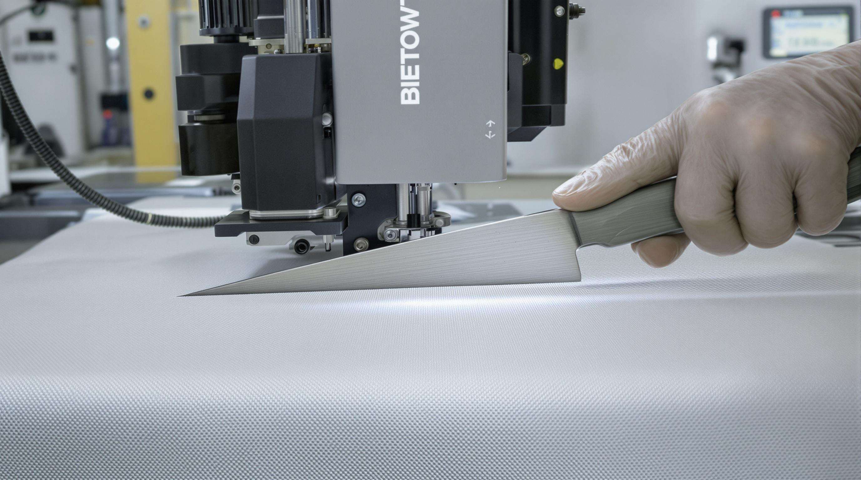 Lab technician testing cut-resistant fabric with a blade in an industrial laboratory