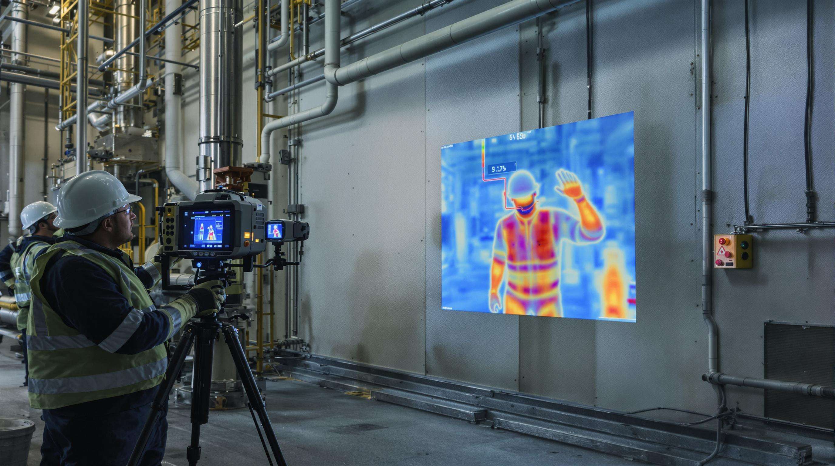 Engineers using infrared cameras to assess thermal hazards in an industrial facility, with mapped heat zones visible.