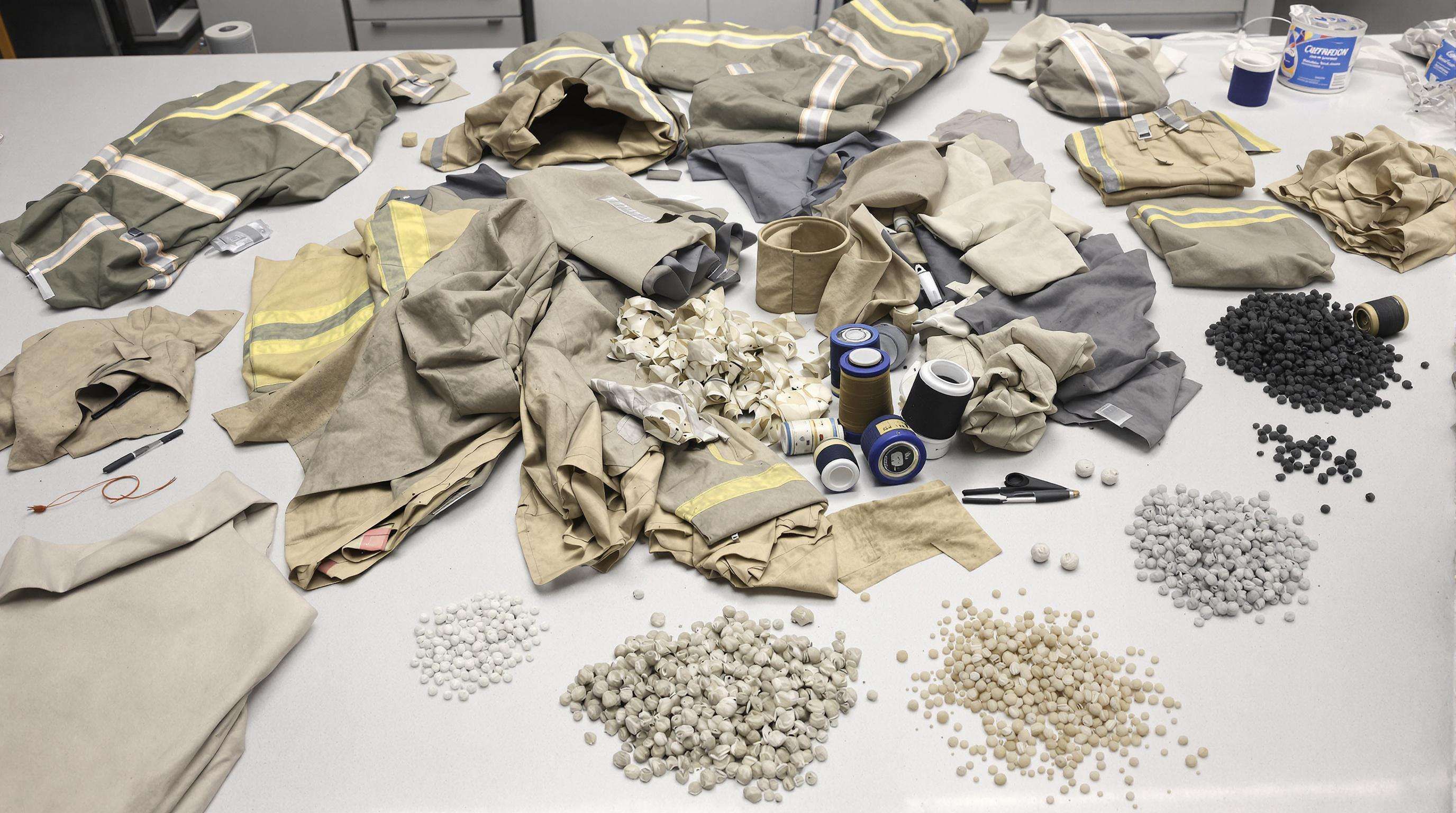 Disassembled firefighter clothing components arranged for recycling in a laboratory