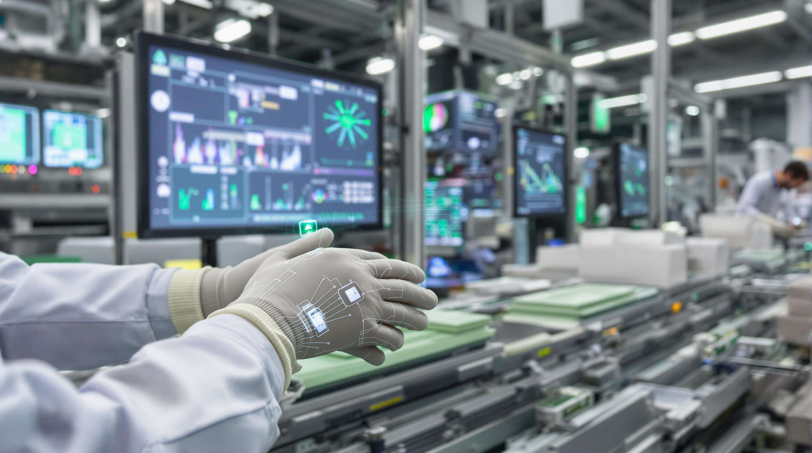 Workers using sensor-embedded gloves on a modern, eco-friendly packaging line