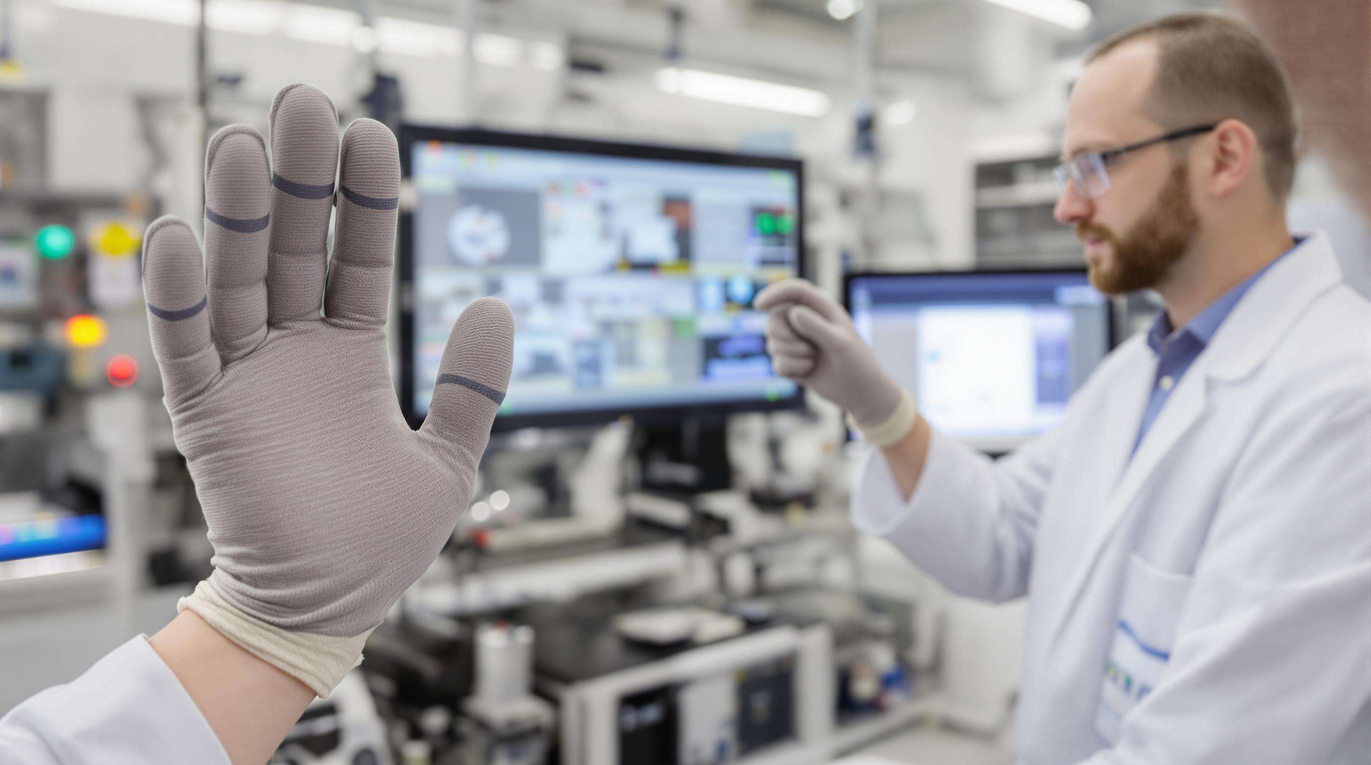 Engineers display advanced cut resistant gloves with nanofiber texture in a lab