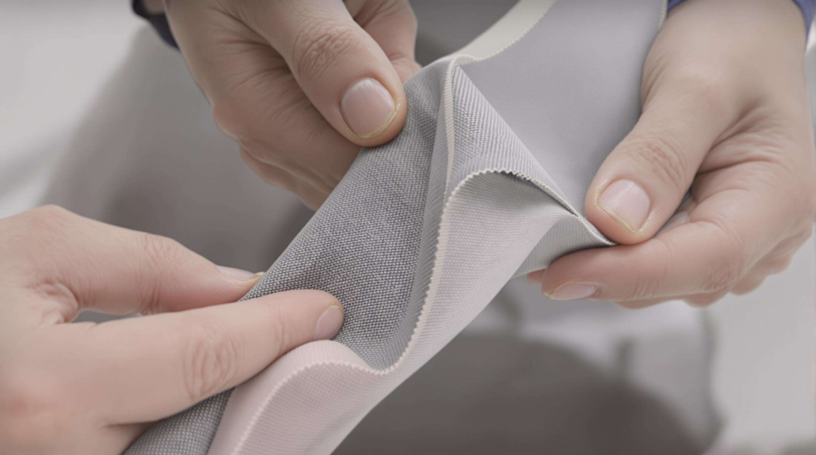 Close-up photo showing hands stretching layered bite resistant veterinary fabric, revealing woven aramid and UHMWPE fibers.