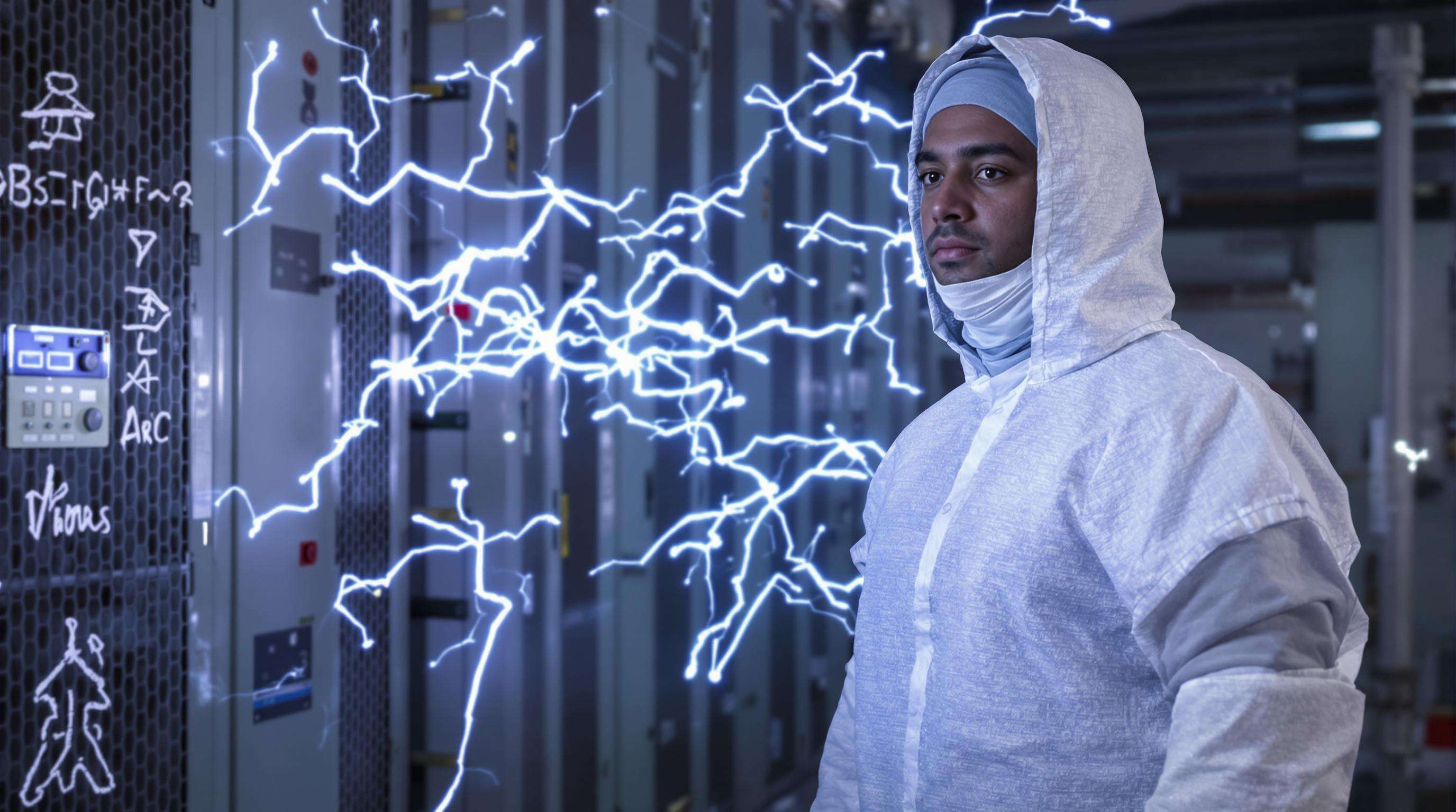 Worker in multi-layer arc flash protective wear near electrical panels, demonstrating protection during simulated arc event.