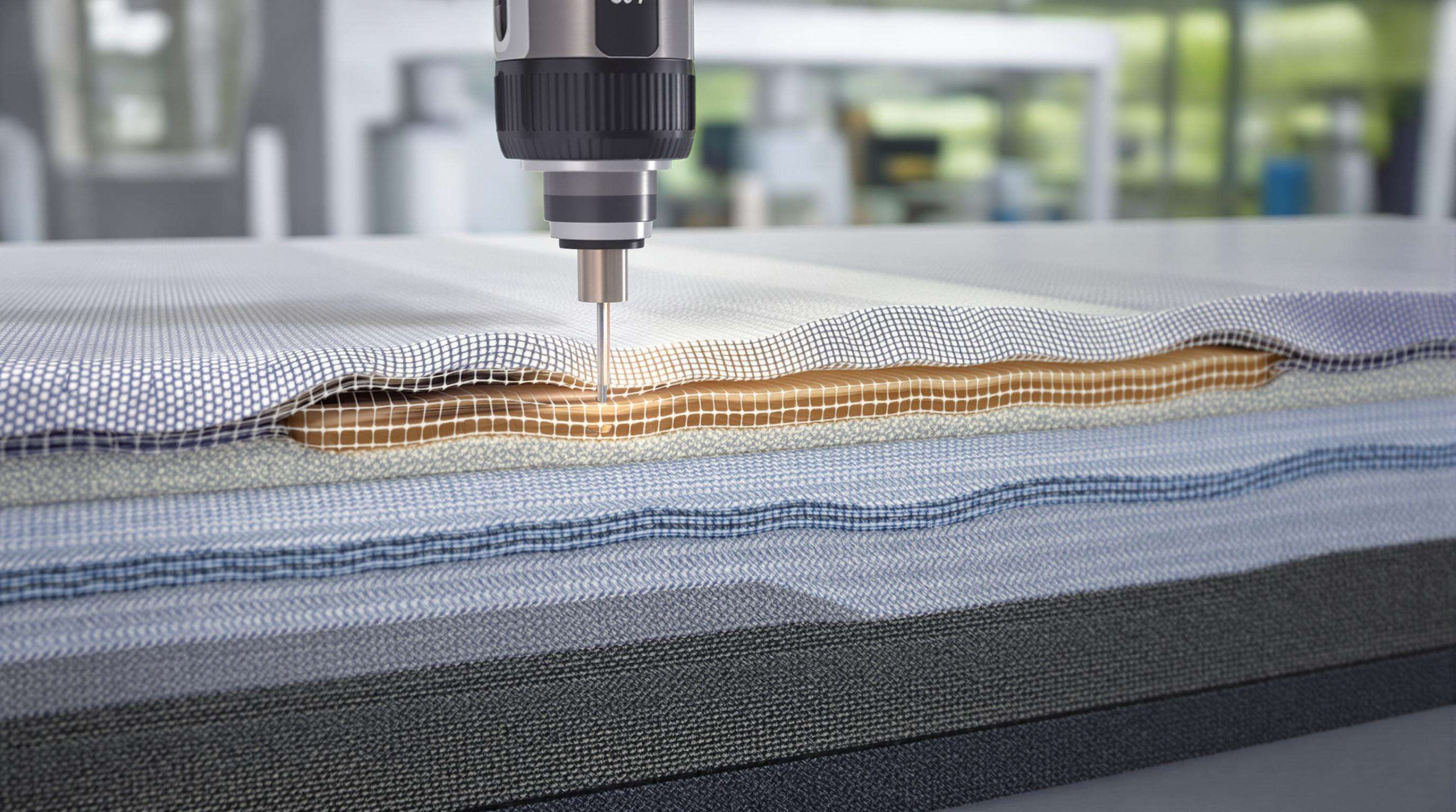 Close-up of multi-layered bite-resistant fabric being tested for puncture resistance in a laboratory