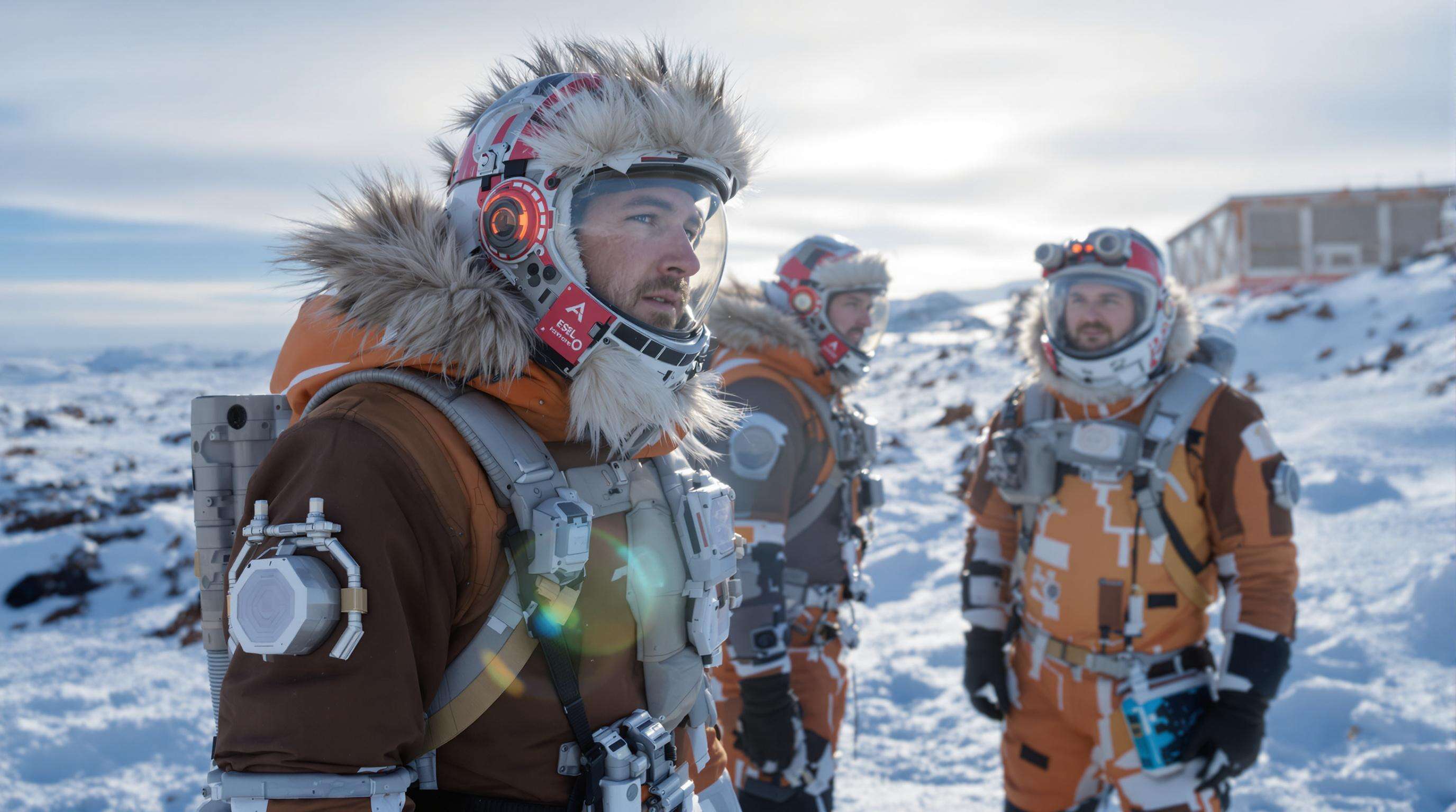 Arctic explorers in advanced multi-layered suits in snowy landscape near a research station