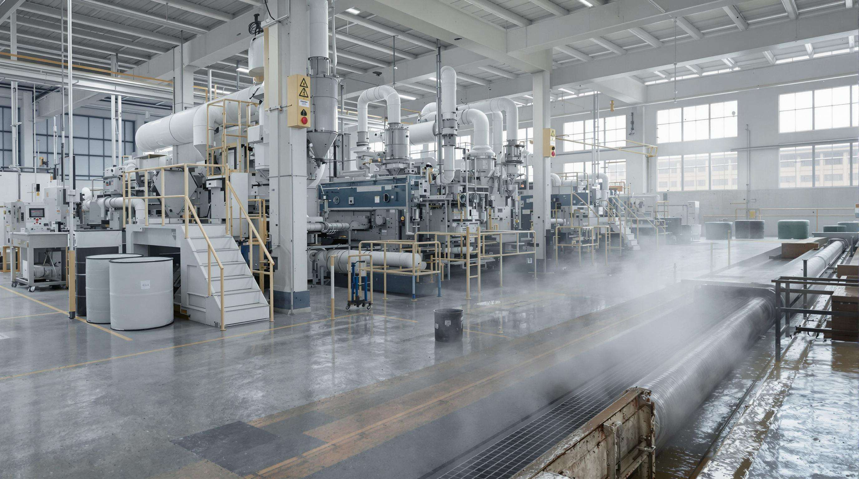 Industrial textile plant producing aramid fibers with visible machines and waste byproducts