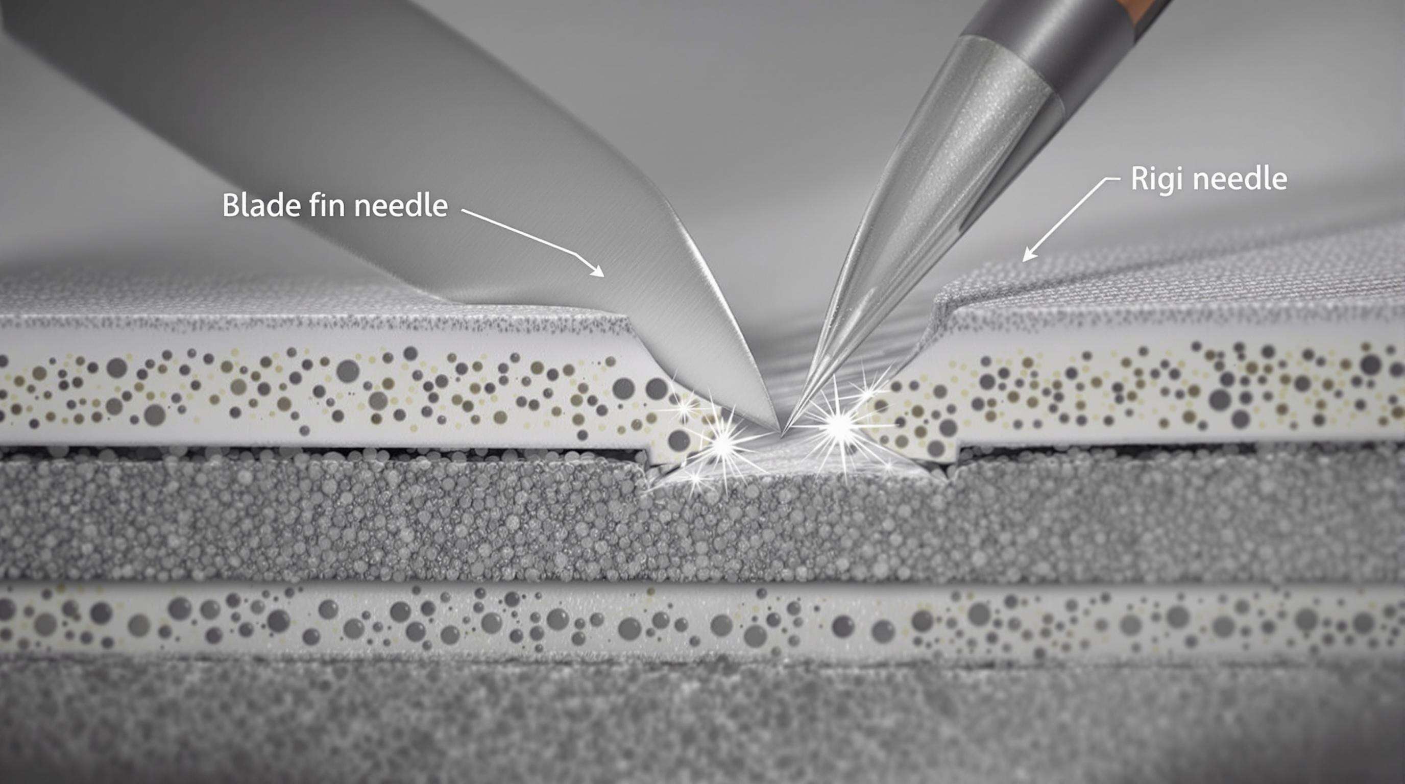 Photorealistic cross-section of protective fabric repelling a blade and needle, showing hard particles in soft material
