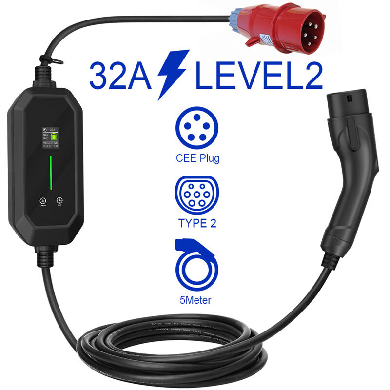 3 Phase AC Charging 22kw 32A Type 2 Portable EV Charger with 5 Pin Red CEE Plug