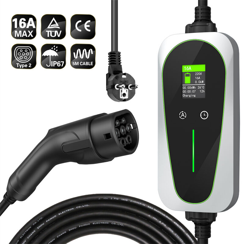 Adjustable Current and time delay Function 16A 3.6kW IP67 LED Screen Type 2 Charging Cable Portable EV Charger