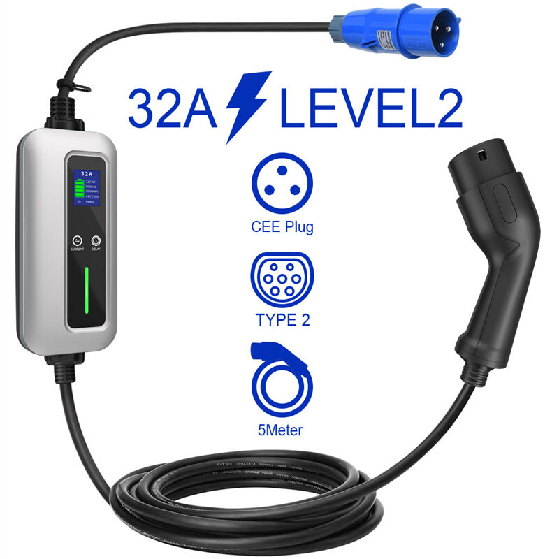 10A 16A 20A 24A 32A Nivå 2 EV-laddare IEC 62196-2 Typ 2 Gun 3Pin CEE-kontakt 7KW Bärbar EV-laddare