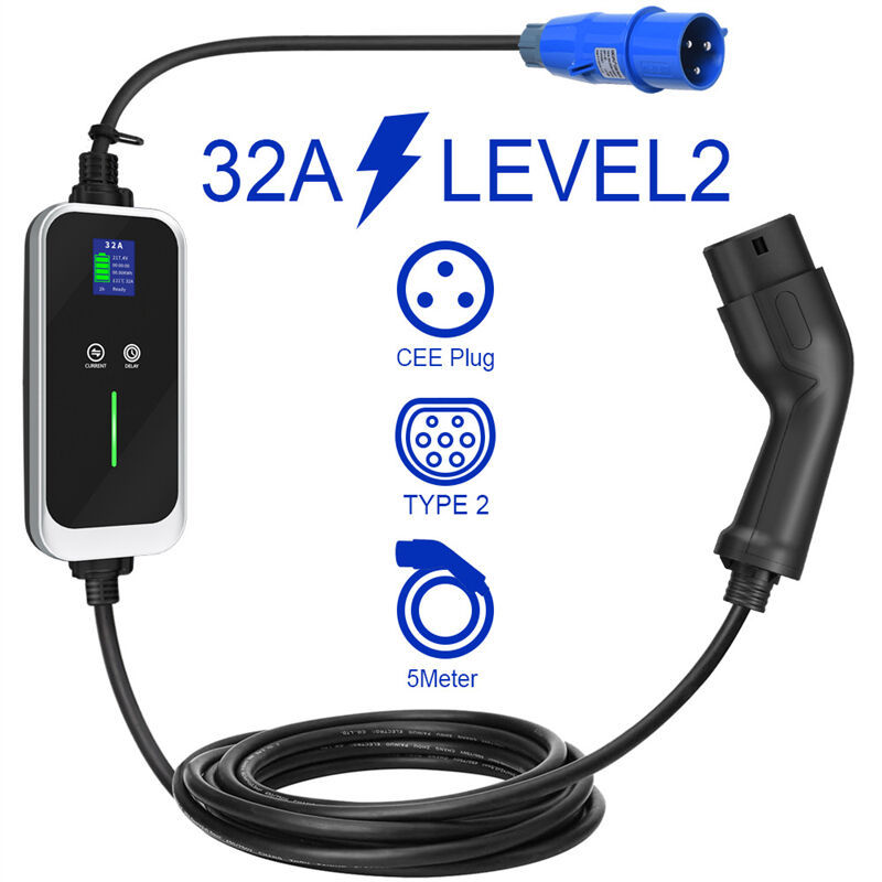 32A Portable Smart EV Charger 7kw Type 2 Charging Cable Car Charger with CEE 3 Pin Plug