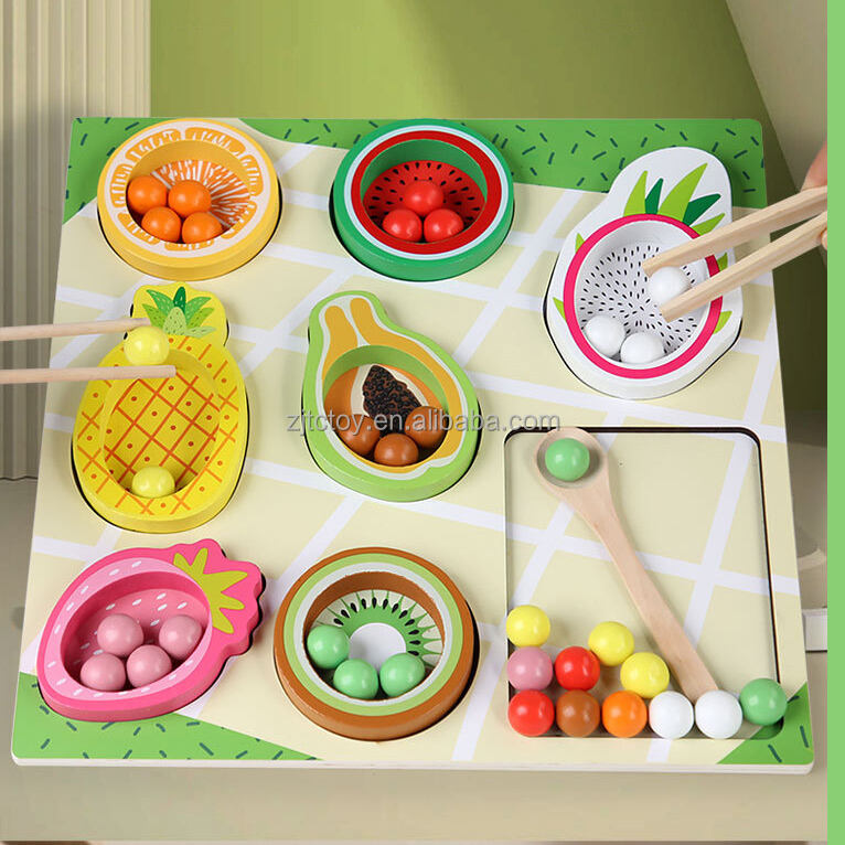 Jouet éducatif en bois Montessori unisexe CPC CE certifié fruit cognitif correspondant jeu de puzzle couleur tri clip perles pour enfants fournisseur