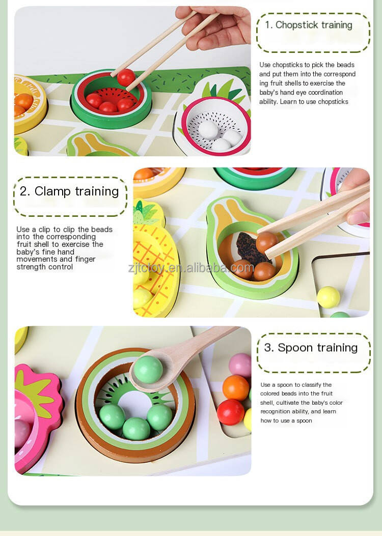 Unisex Montessori-Lernspielzeug aus Holz, CPC CE-zertifiziert, Obst, kognitives Matching-Puzzlespiel, Farbsortier-Clip-Perlen für Kinder, Herstellung
