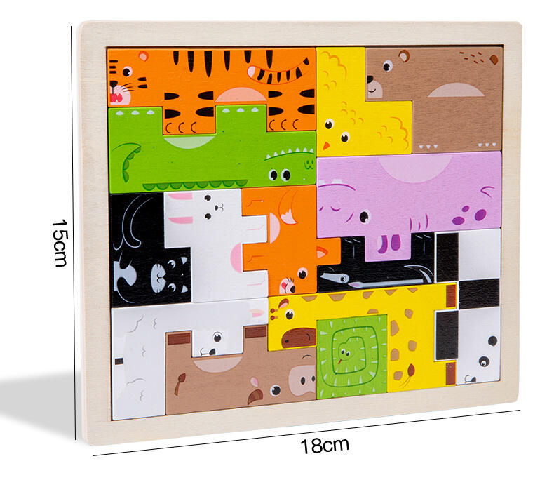 Puzzle en blocs de bois 3D animaux de dessin animé, jouet éducatif t-etris pour enfants, détails en bois pour tout-petits