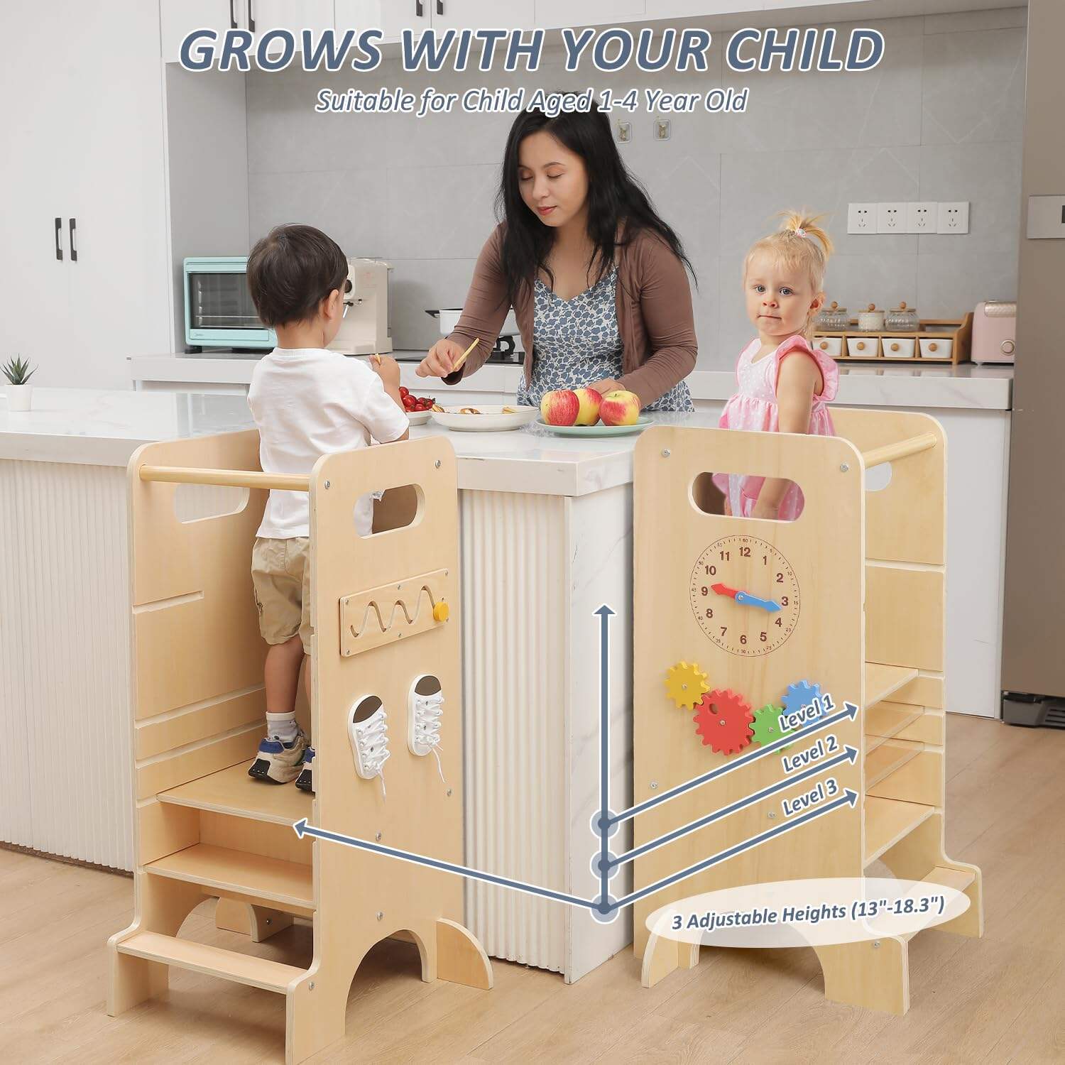4 in 1 Kleinkind Küchenhocker Helfer Baby Lernturm Holz Montessori Kinder Lernturm Details