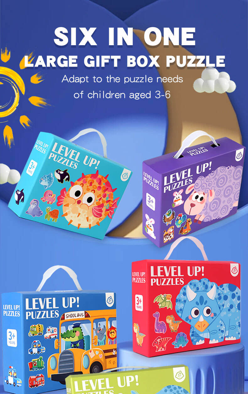 Pendidikan Dini Kartun Hewan Enam Dalam Satu Kotak Hadiah Kertas Mainan Puzzle Jigsaw untuk Bayi TK 3 Hingga 6 Tahun Detail Anak Laki-laki dan Perempuan