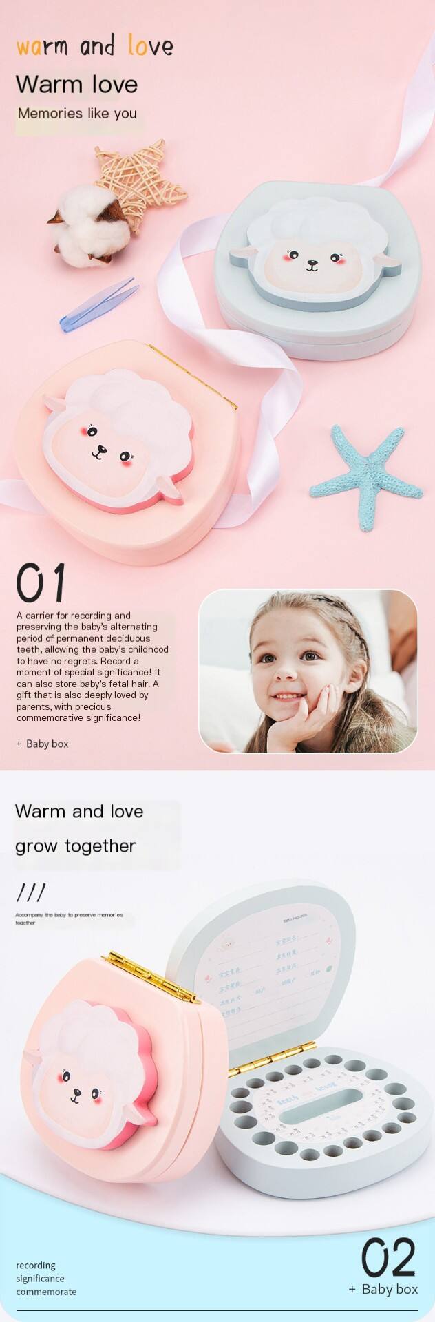 Kotak Gigi Bayi Kayu Pinus Seni Rakyat Dipoles dan Bertema 'Cinta' untuk pembuatan Anak Laki-Laki dan Perempuan