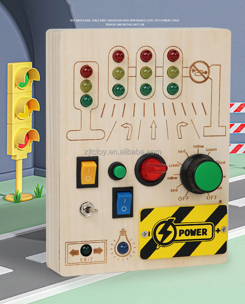 High Quality Kids Education toys Electronic traffic Signal Led Light Switch Wooden Toddler Busy Board Montessori Toys details