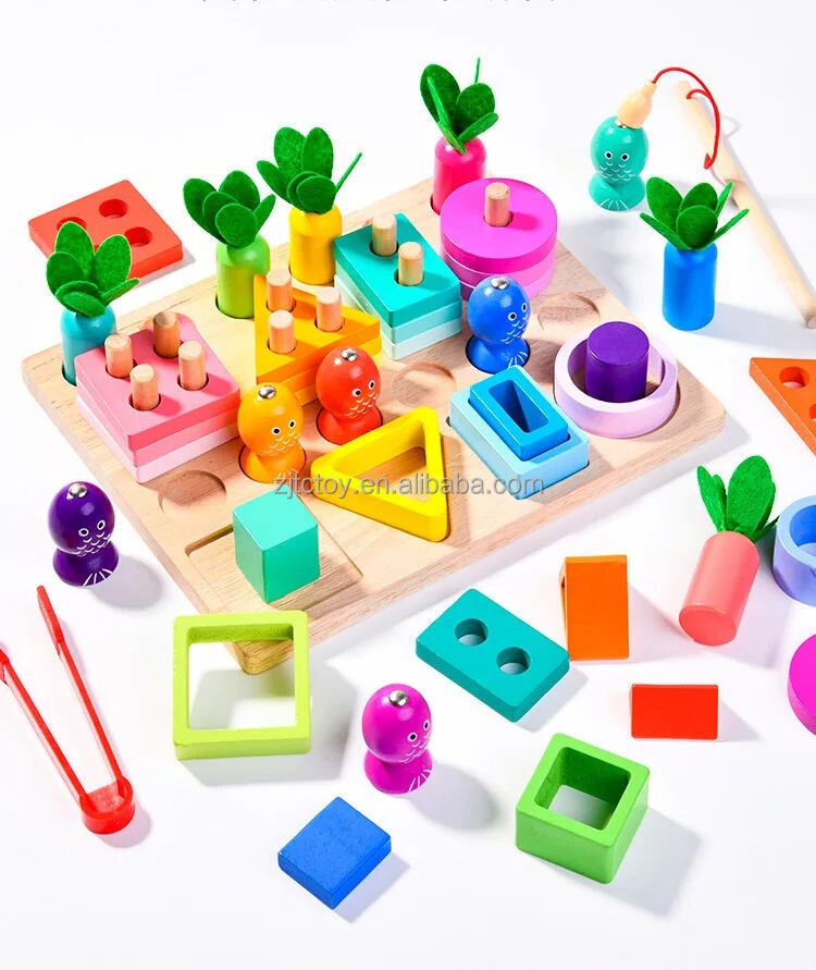 Ensemble de pêche magnétique 4 en 1, bloc de construction en colonne, jeu de pêche à la carotte, reconnaissance de forme Montessori, jouets éducatifs en bois détails