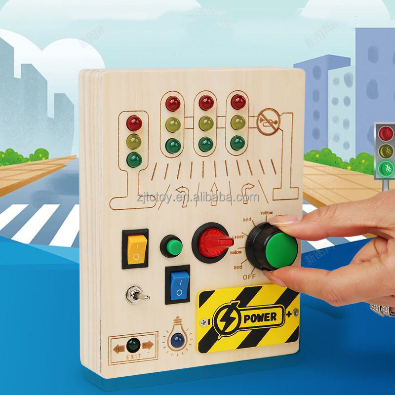 Hochwertiges Lernspielzeug für Kinder, elektronisches Verkehrssignal, LED-Lichtschalter, hölzernes Kleinkind-Beschäftigungsbrett, Montessori-Spielzeugherstellung