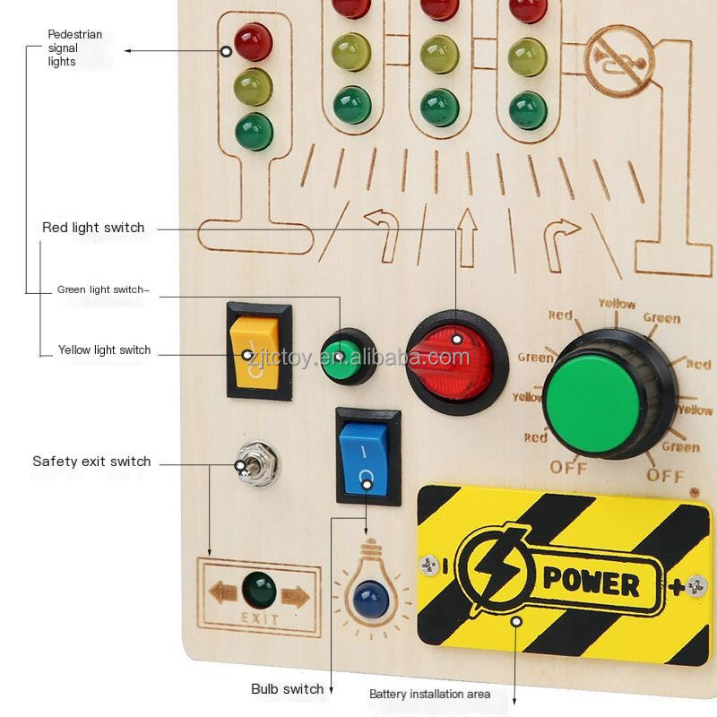 Hochwertiges Lernspielzeug für Kinder, elektronisches Verkehrssignal, LED-Lichtschalter, hölzernes Kleinkind-Beschäftigungsbrett, Lieferant von Montessori-Spielzeug