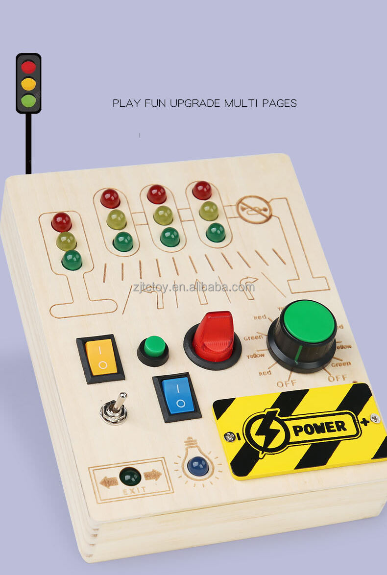 Hochwertiges Lernspielzeug für Kinder, elektronisches Verkehrssignal, LED-Lichtschalter, hölzernes Kleinkind-Beschäftigungsbrett, Lieferant von Montessori-Spielzeug