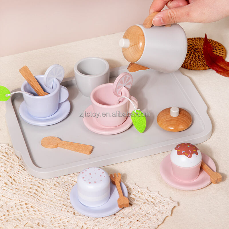 Unisex drewniana kuchnia do odgrywania ról zestaw zabawek podwieczorek deser symulacja nowy hurtowy zestaw do herbaty dla dzieci dostawca zabawek kuchennych i w kształcie jedzenia