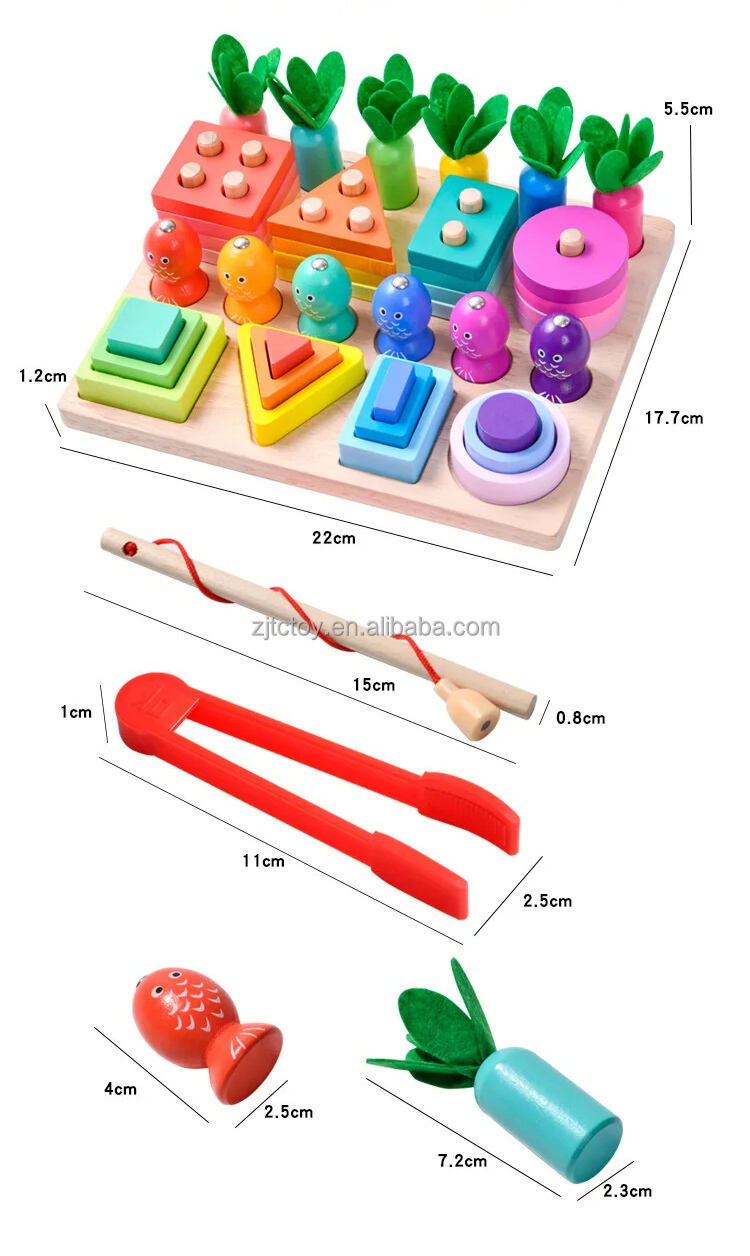 Set Pancing Magnetik 4 In 1 Kolom Blok Bangunan Permainan Memancing Wortel Pengenalan Bentuk Montessori Pendidikan Pembuatan Mainan Kayu