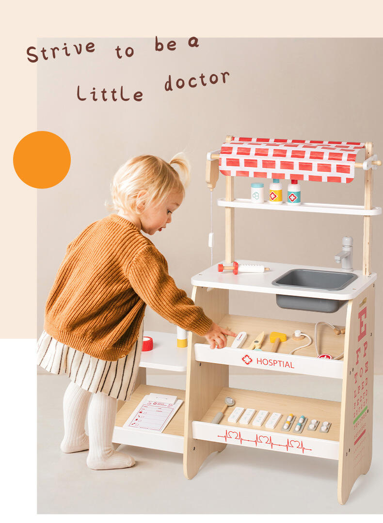 Wooden Simulation Medical Clinic Stand Children's Role Pretend Play Wooden Doctor Toy Set Educational For Kids manufacture