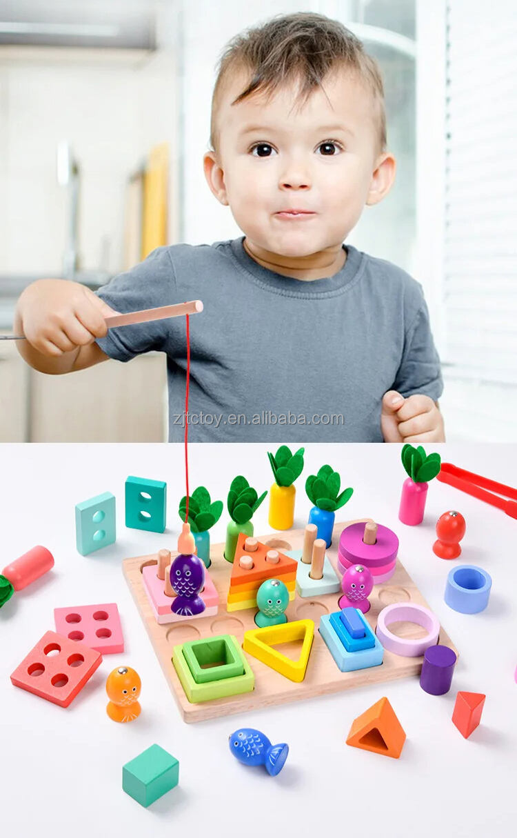 Magnetic Fishing Set 4 in 1 Column Building Block Carrot Fishing Game Montessori Shape Recognition Education Wooden Toys manufacture