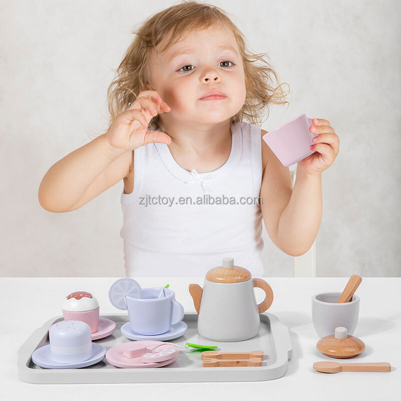 Unisex drewniana kuchnia do odgrywania ról zestaw zabawek podwieczorek deser symulacja nowy hurtowy zestaw do herbaty dla dzieci dostawca zabawek kuchennych i w kształcie jedzenia
