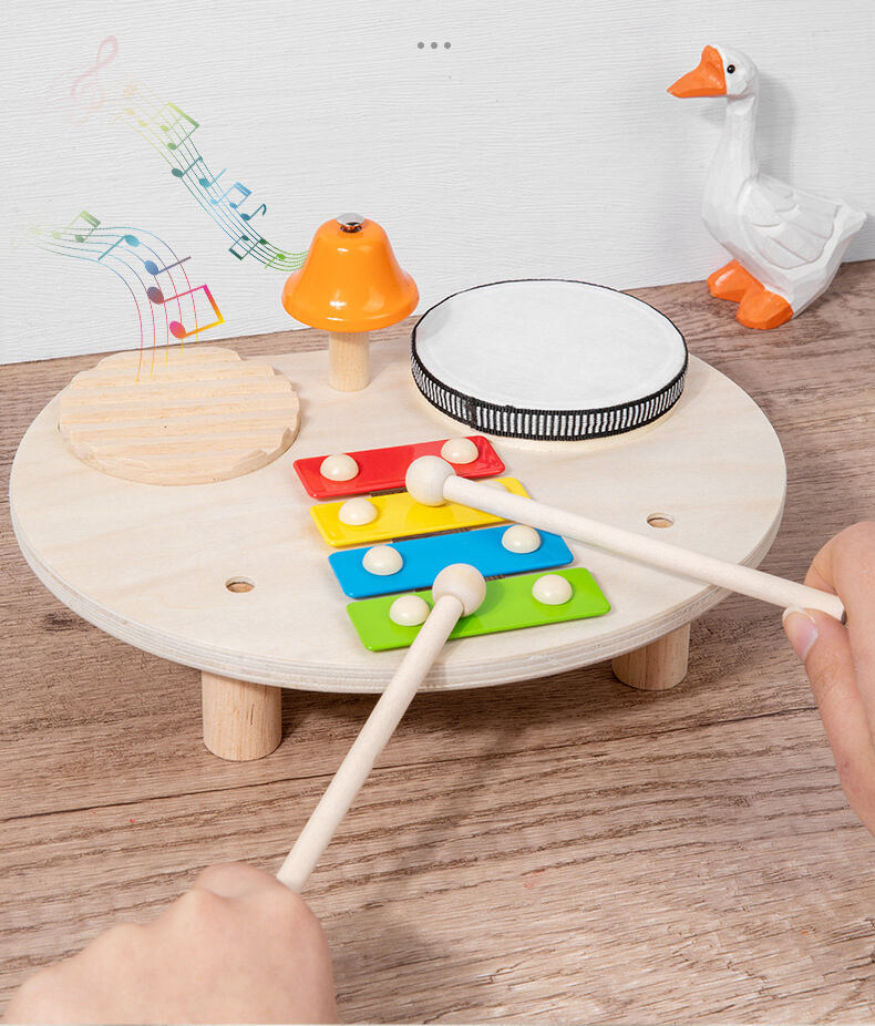 Set Mainan Bermain Bayi Kayu Multi-Fungsional Instrumen Perkusi Pendidikan Musik untuk Set Meja Drum Bayi & Balita pemasok