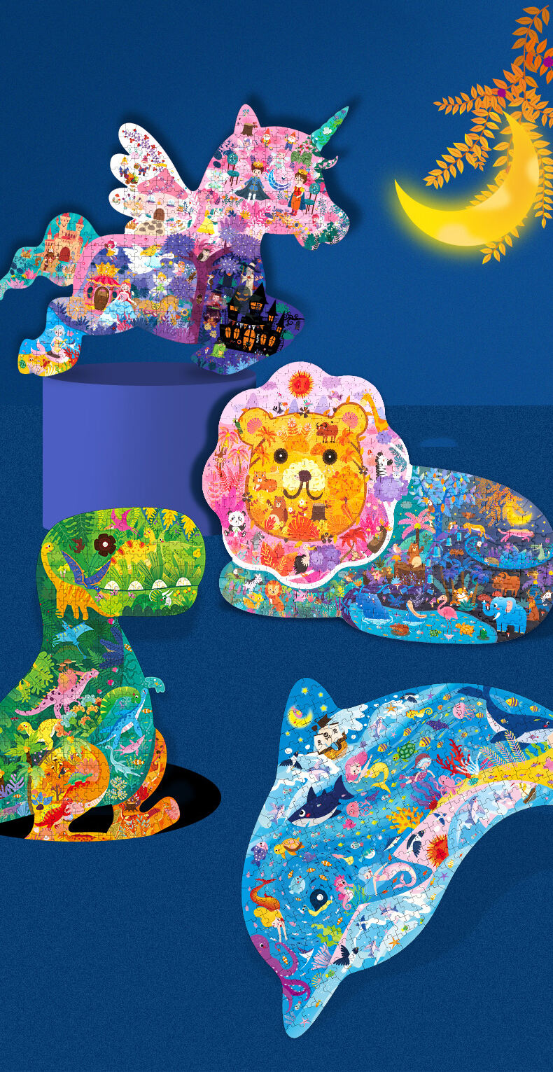 Puzzle Jigsaw Kayu Kustom Berbentuk Khusus Hewan 3D Singa Lumba-lumba Dinosaurus Warna-warni Hadiah Pembelajaran Kreatif Pendidikan Detail Mainan Anak-anak