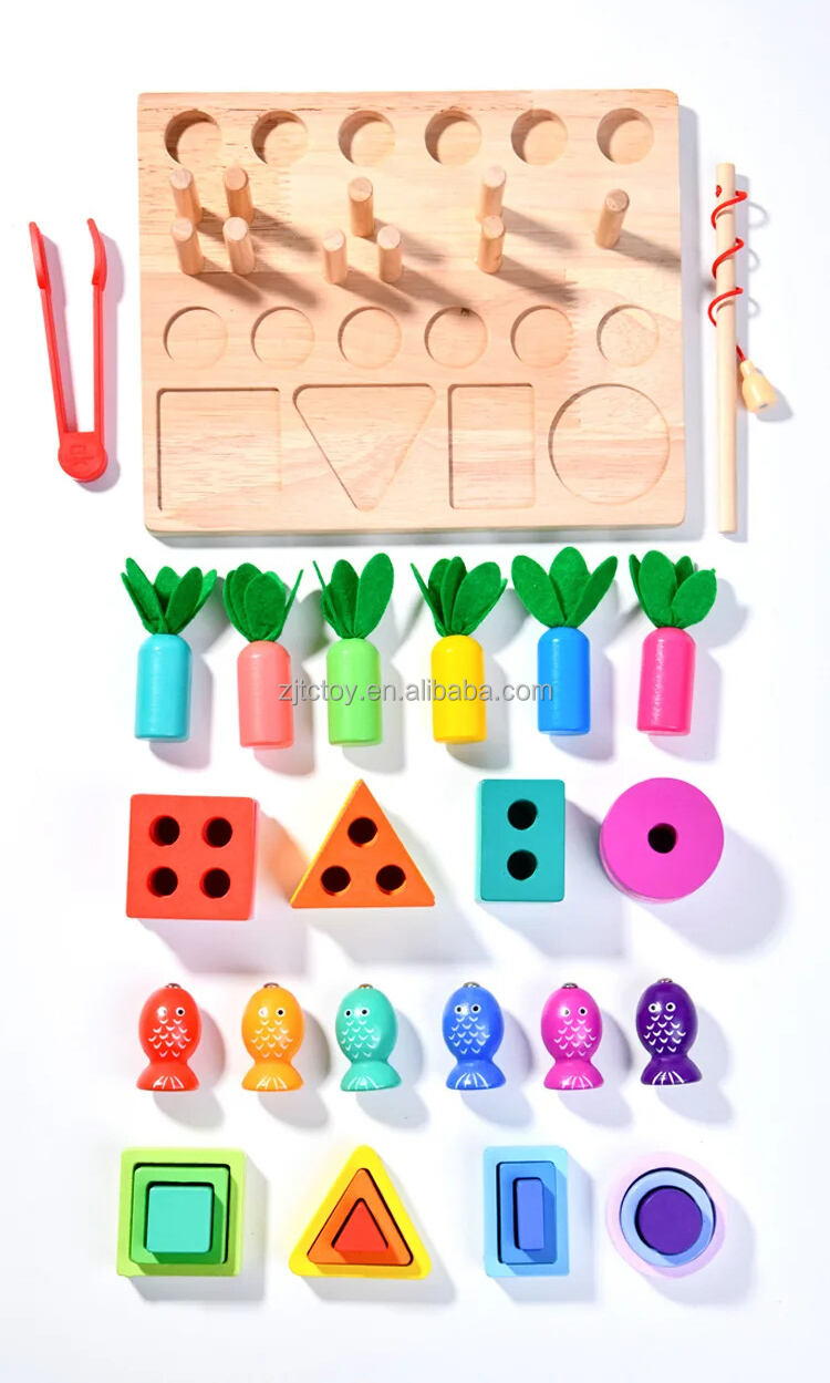 Magnetic Fishing Set 4 in 1 Column Building Block Carrot Fishing Game Montessori Shape Recognition Education Wooden Toys supplier