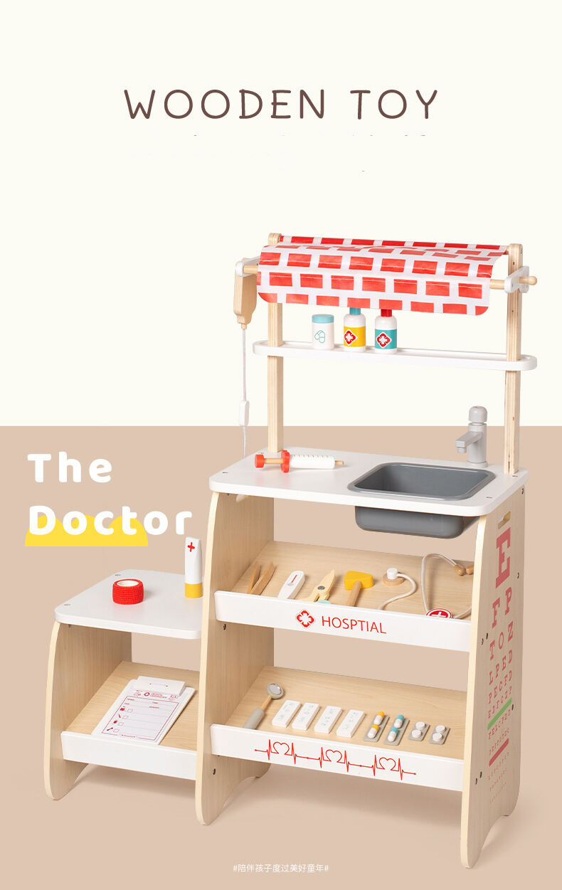 Wooden Simulation Medical Clinic Stand Children's Role Pretend Play Wooden Doctor Toy Set Educational For Kids factory