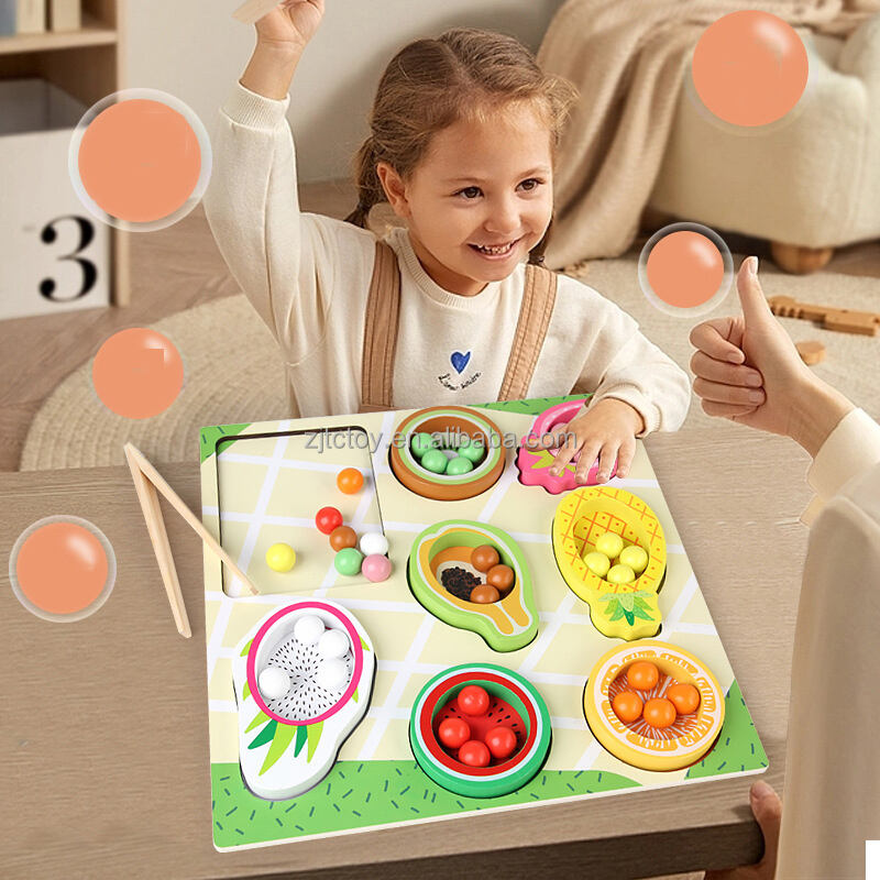 Unisex Montessori Wooden Education Toy CPC CE Certified Fruit Cognitive Matching Puzzle Game Color Sorting Clip Beads for Kids manufacture
