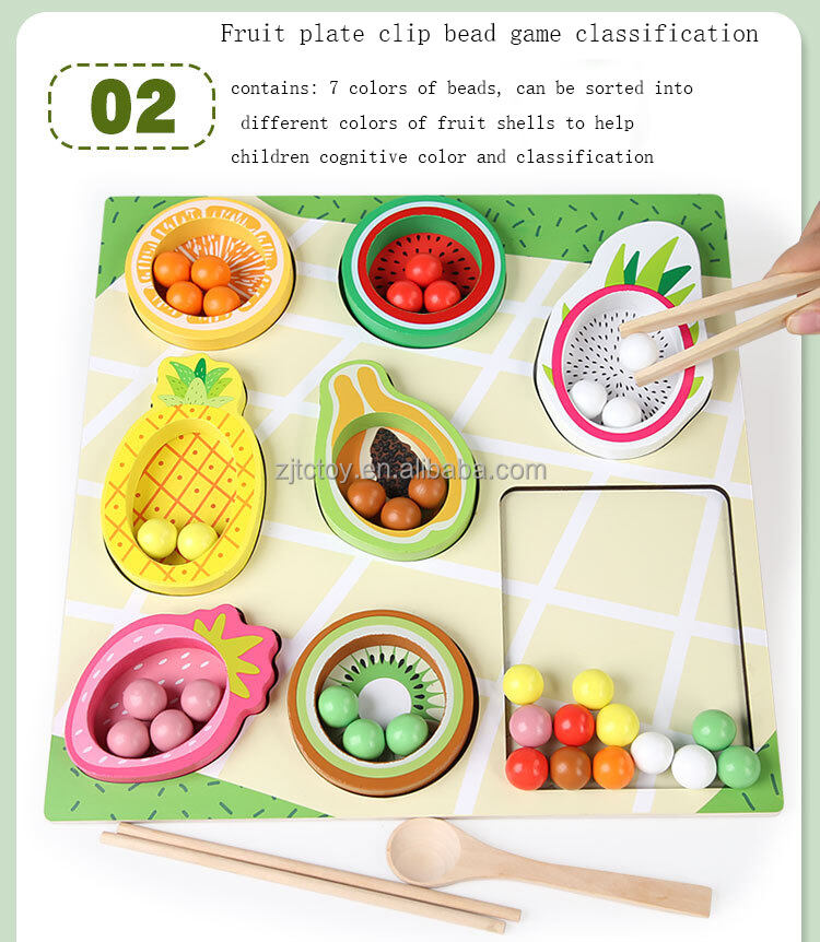 Unisex Montessori Wooden Education Toy CPC CE Certified Fruit Cognitive Matching Puzzle Game Color Sorting Clip Beads for Kids details