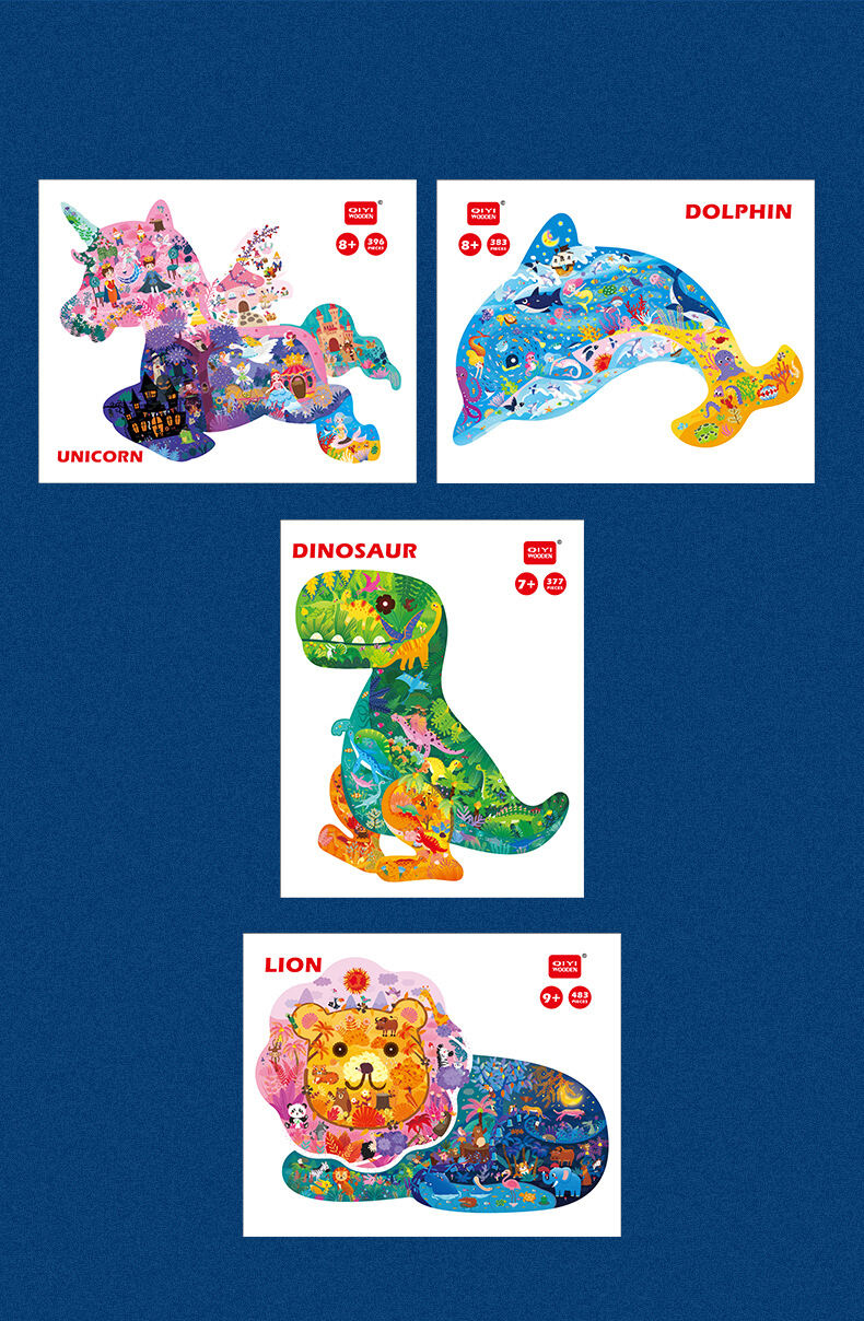 Puzzle Jigsaw Kayu Kustom Berbentuk Khusus Hewan 3D Singa Lumba-lumba Dinosaurus Warna-warni Hadiah Pembelajaran Kreatif Pendidikan Detail Mainan Anak-anak