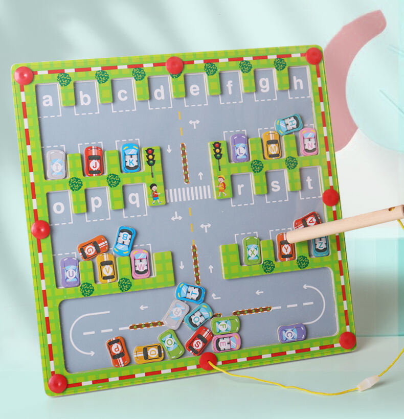 Teka-teki Huruf Labirin Alfabet Magnetik Montessori Pendidikan Keterampilan Motorik Halus Hadiah Mainan Parkir Mobil Perjalanan untuk Balita Perempuan Laki-laki Detailnya