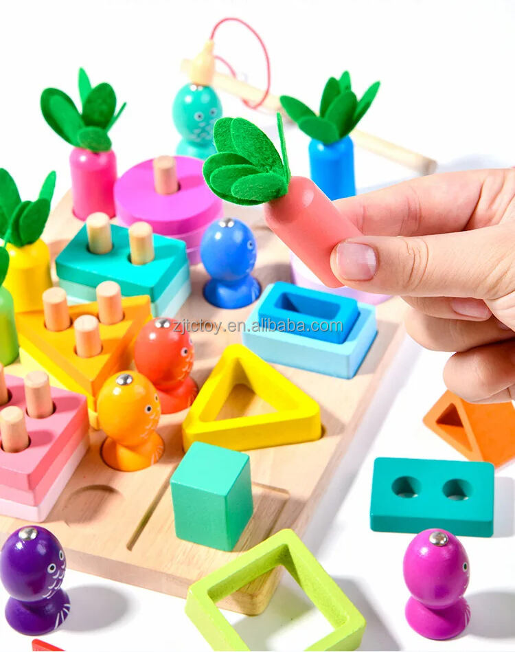 Magnetic Fishing Set 4 in 1 Column Building Block Carrot Fishing Game Montessori Shape Recognition Education Wooden Toys details