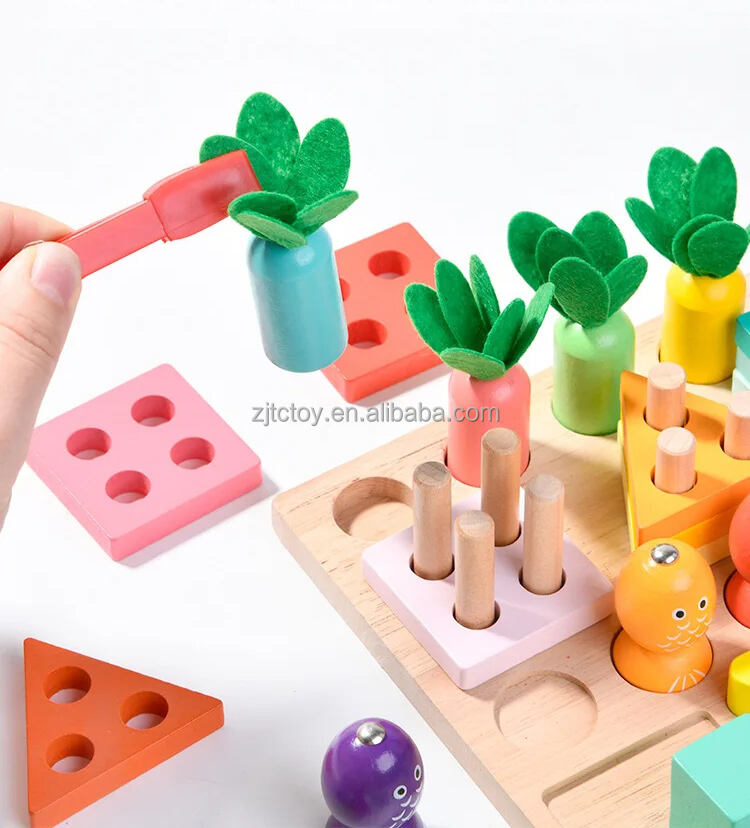Magnetyczny zestaw wędkarski 4 w 1 kolumna klocki do budowy marchew gra wędkarska Montessori rozpoznawanie kształtów edukacja produkcja zabawek drewnianych