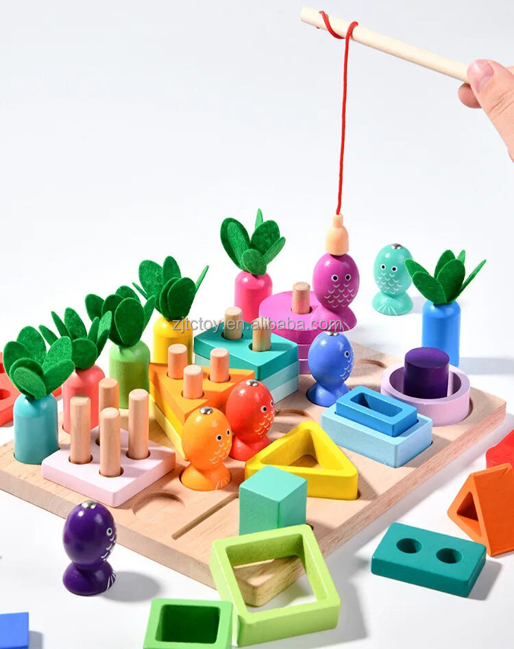 Ensemble de pêche magnétique 4 en 1, bloc de construction de colonne, jeu de pêche à la carotte, reconnaissance de forme Montessori, jouets éducatifs en bois, usine