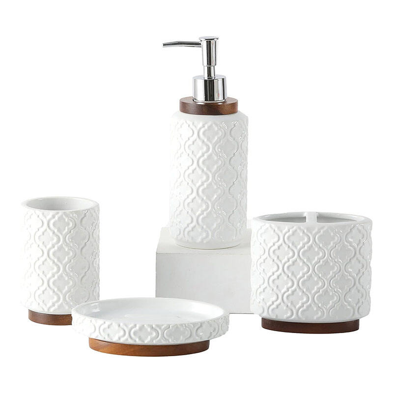 White wood grain bathroom accessories set 4 pieces