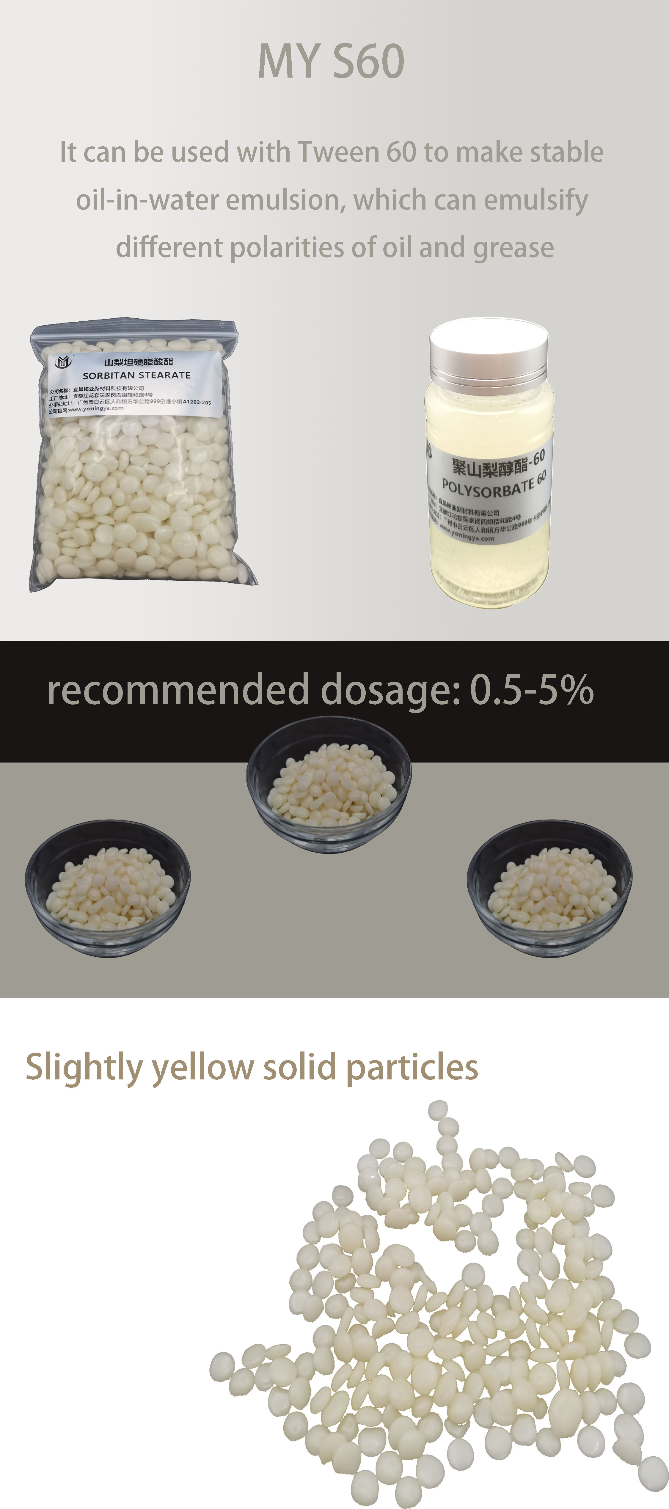 Sorbitan stearate CAS: 5093-91-4 with Tween 60 Stable oil-in-water emulsion Emulsifying fats and oils of different polarities details