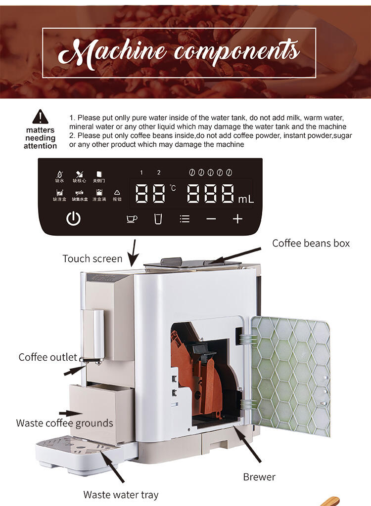 Máquina de café expresso doméstica, máquina de café italiana para escritório e ao ar livre, detalhes da fábrica de grãos de café