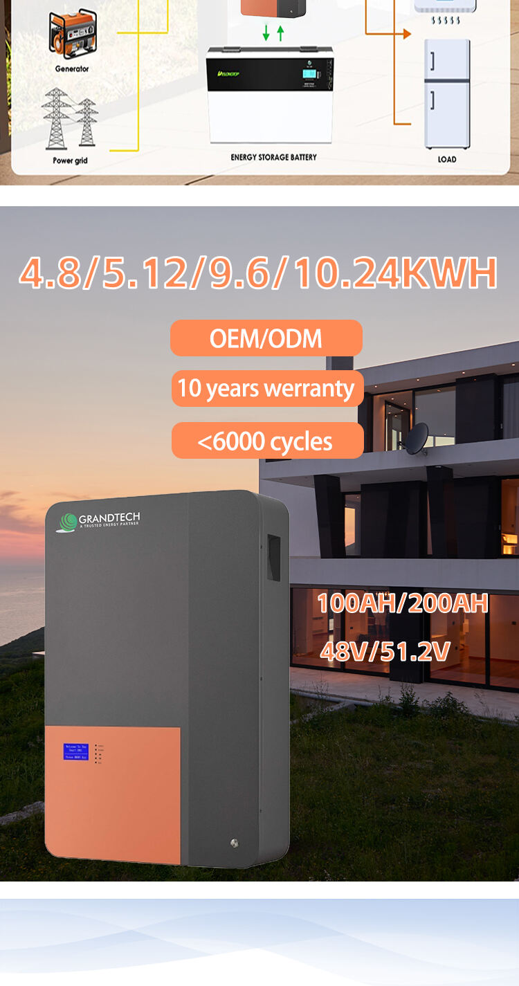 Grandtech solor Lithium Battery 4.8KWH Power wall battery Lifepo4 Power Wall Lithium Energy Storage Battery wall mounted manufacture