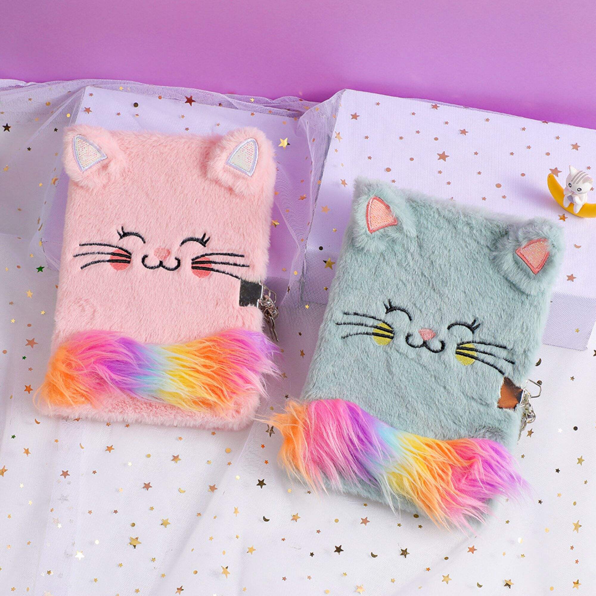 Winter creative A5 cartoon plush cat with lock notebook students cute diary children writing book