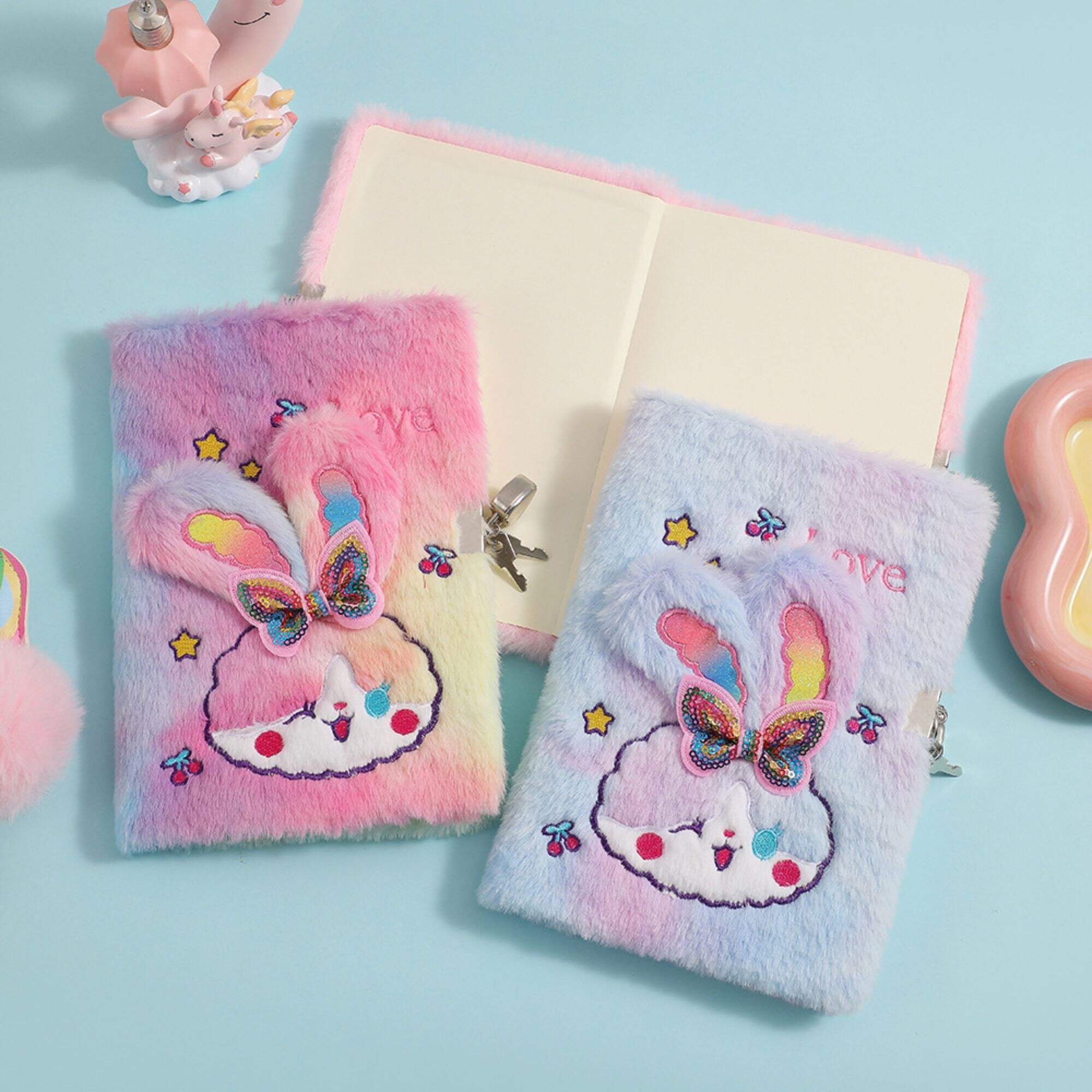 Winter A5 plush cartoon bunny notebook children cute writing diary with lock gift notepad female