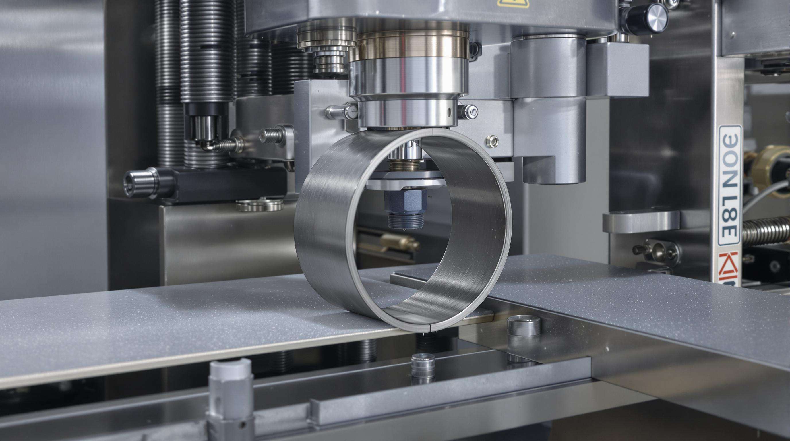 Industrial hog ring machine close-up showing feeder, nosepiece, and actuator compressing a metal ring
